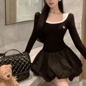 Women's Long-Sleeve Crew Neck Knit Puff Dress - Mini Casual Style, Playful & Versatile for Spring & Autumn Daily Wear