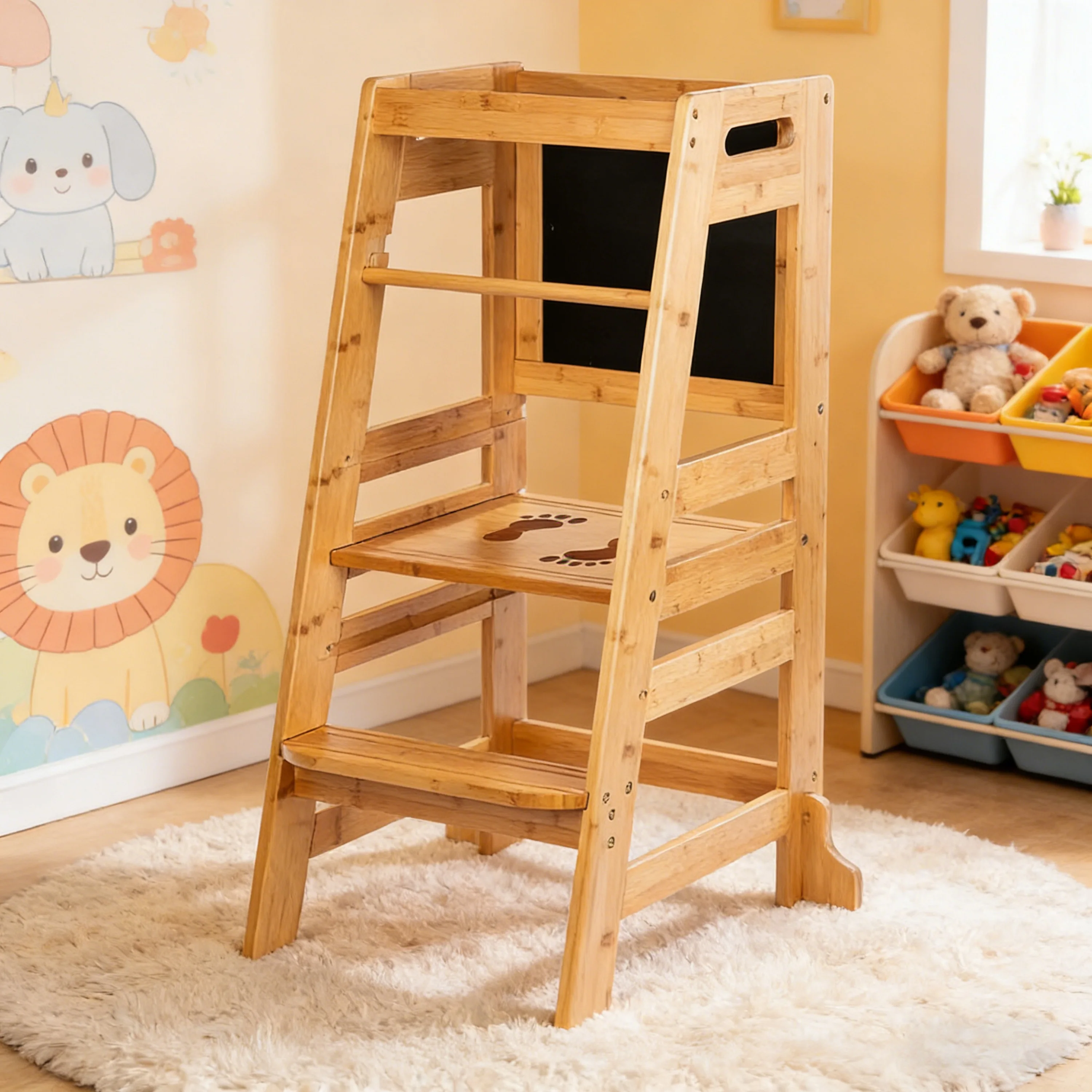 Custom Foldable Modern Bamboo Montessori Kids Learning Tower with Chalkboard Adjustable Height Toddler Kitchen Step Stool