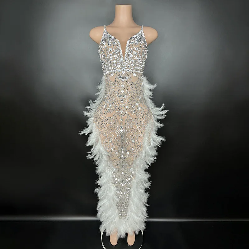 Hot Selling Evening Club Fashion Suspenders Sexy Dress Mesh See-through White Feather Birthday Party Club Dress