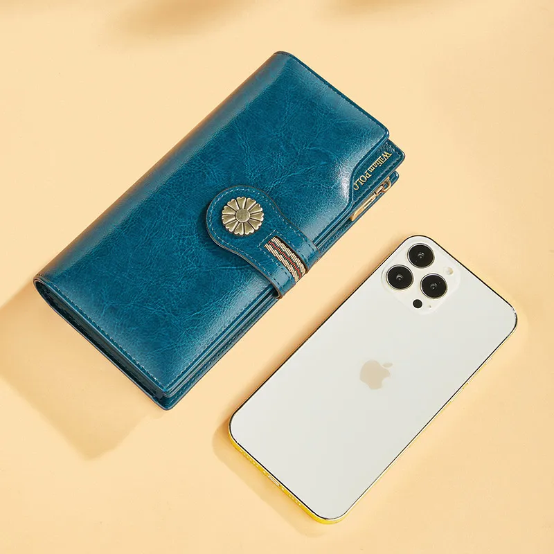 Hot Sale Custom Logo Tri-fold Leather Ladies Wallet Large Capacity Retro Mobile Phone Card Bag Long Length Gift