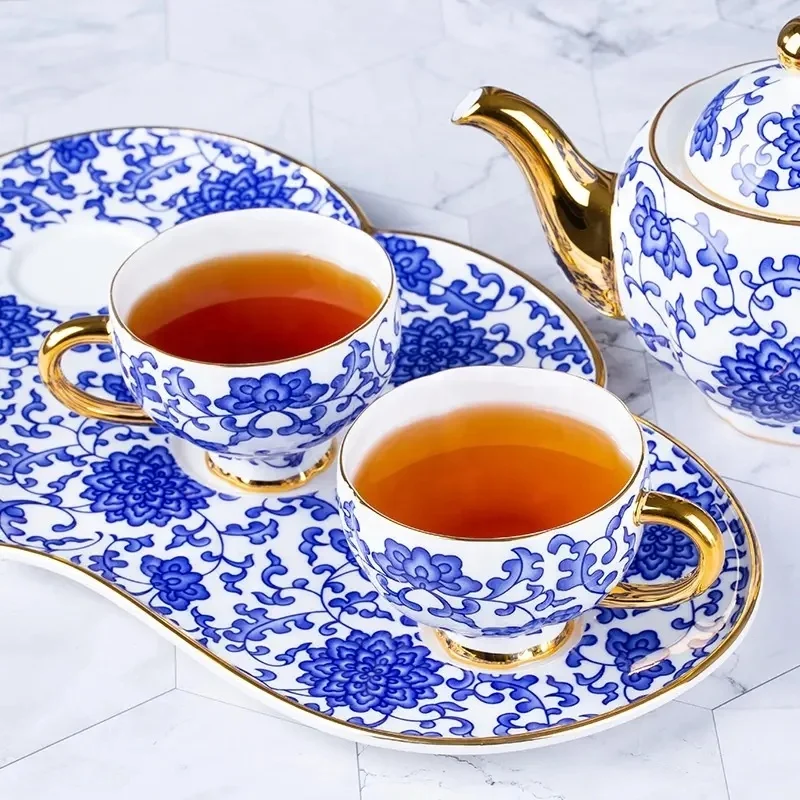 Unique Bone China Blue Pattern Colorful Bird Decal Tea Set Coffee Cup and Saucer Set
