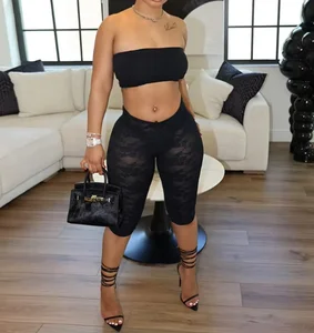 Viviblook D25ST088 Summer Outfit Women Short Strapless Crop Top Lace Leggings Two Piece Shorts Set