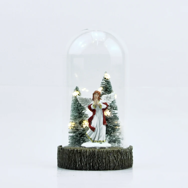 Custom glass display domes with resin ornament led lights and base decoration bell jar Christmas ornaments