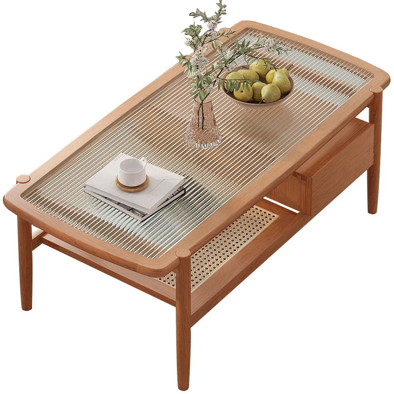Japanese Contracted Style Rectangular Real Wood Cane Makes Sitting Room Glass Coffee Table