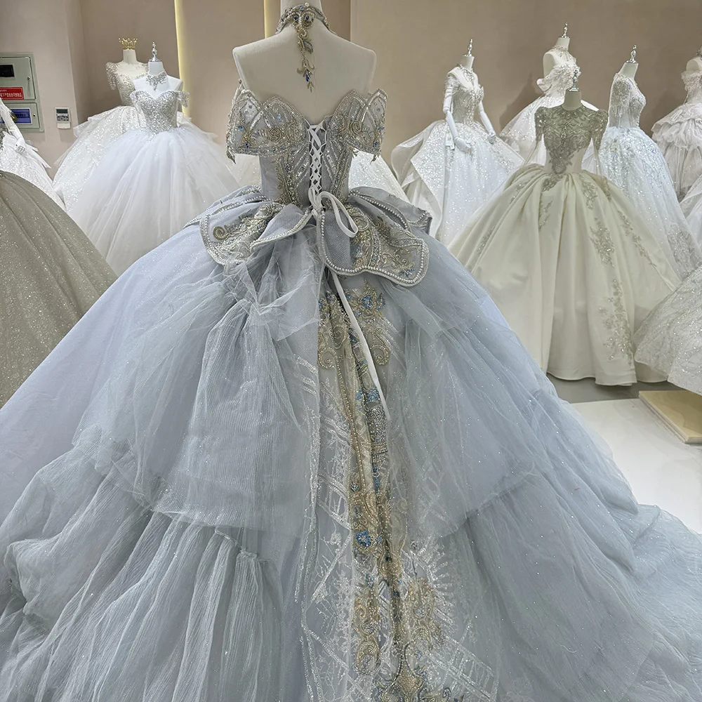 Luxury Modern-Vintage Ball Gown Light Ice Blue Wedding Dress