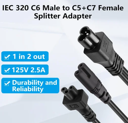 Male C6 To Female C7 Power Adapter - IEC 320 Cloverleaf Plug Converter, 1500W, 110-250V - View #3