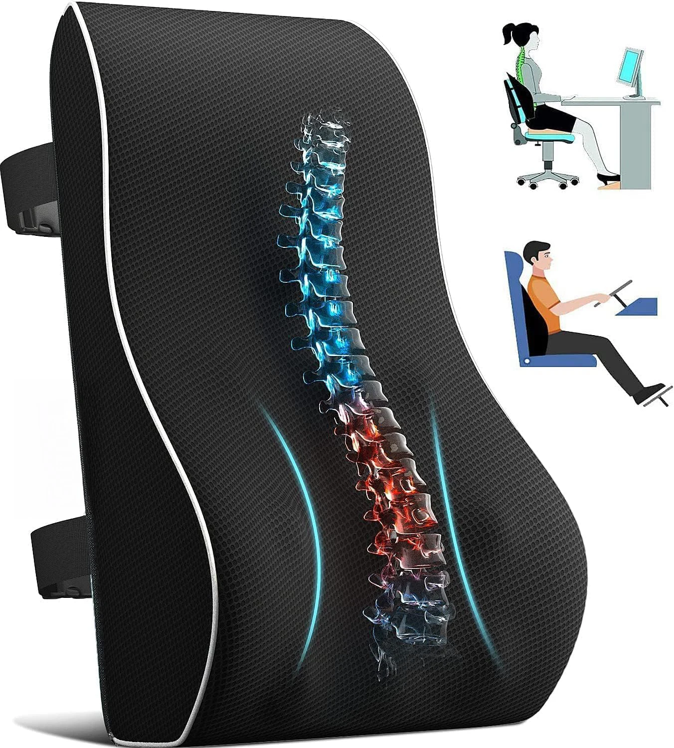 Office Chair Lumbar Support Cushion Relieve Back Pain Improve Posture Memory Foam Seat Back Seat Cushions & Pillow for Chair