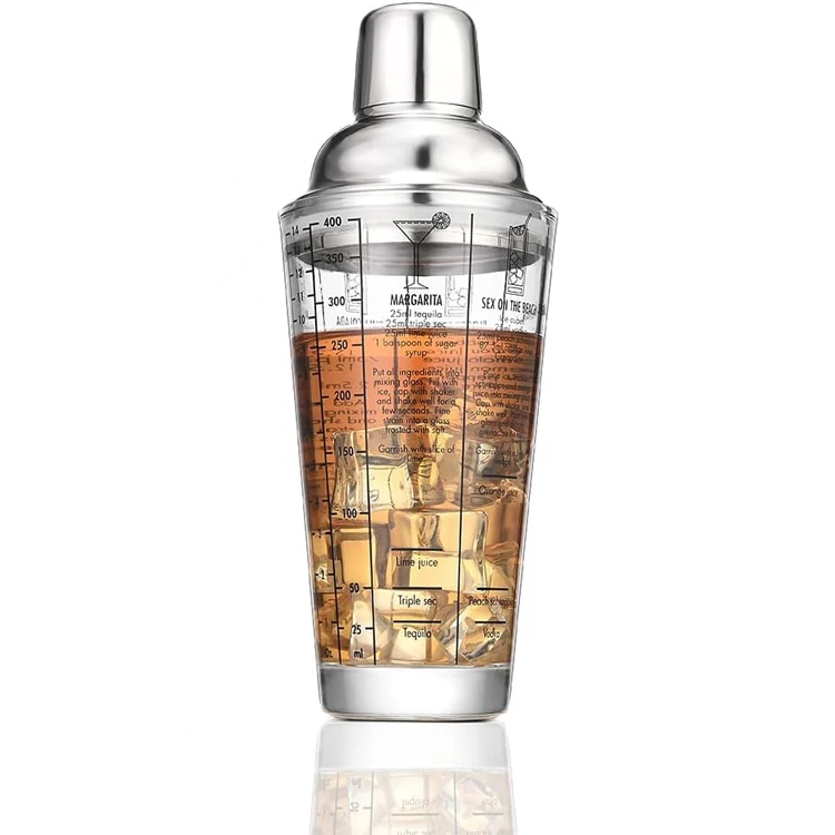 Hot Selling Stainless Steel and Glass 400ml Reusable Cocktail Shaker with Silicone Seal and Built-in Strainer with Custom Logo