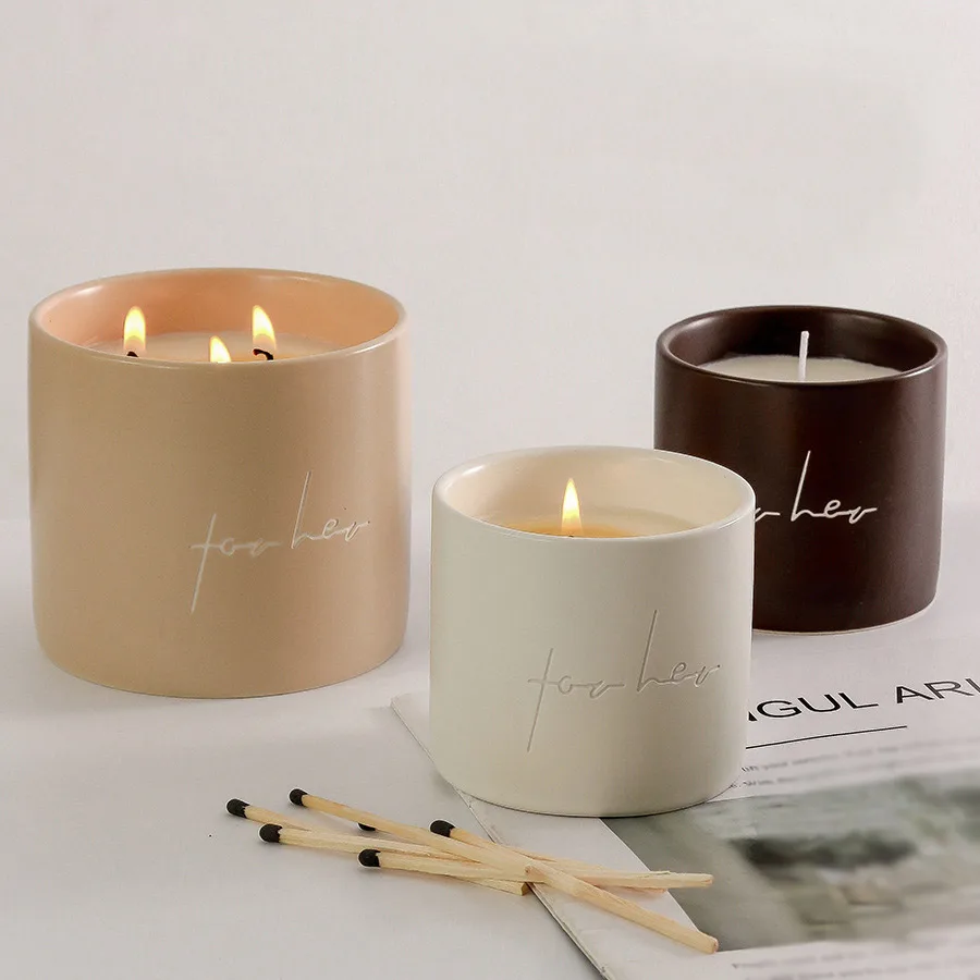 Оптовая продажа, керамические пустые банки для свечей цвета хаки, белого, коричневого цвета, 3 фитиля, матовая банка для свечей