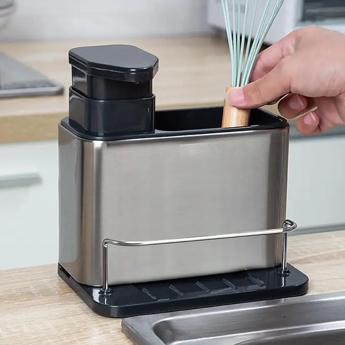 3 in 1 Multifunctional Kitchen Sink Organizer Stainless Steel Soap Dispensing Sponge Holder for Dish Detergent Brush