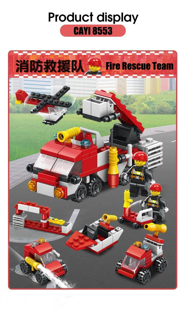 NEW 6-In-1 Fire Brigade Set Mini Block Fire Truck Cart Helicopter Pilot Station Model Toys Building Block Set Toys for Children