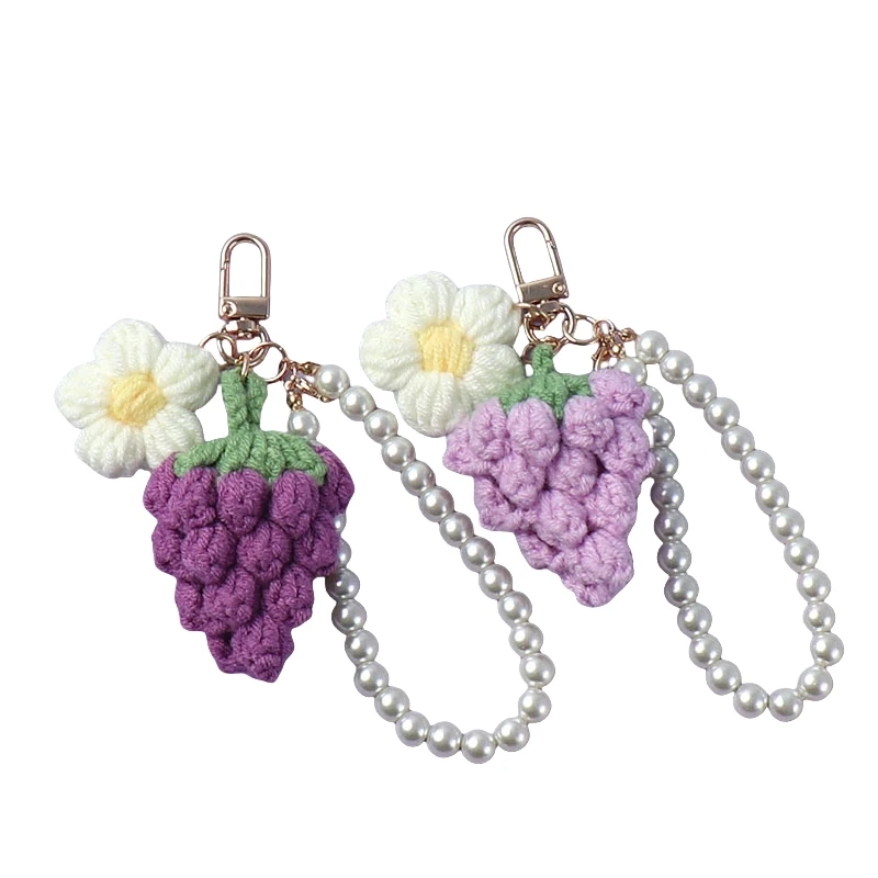 Hand Woven Plush Crochet Grape Keychain Pearl Chain Crochet Flower