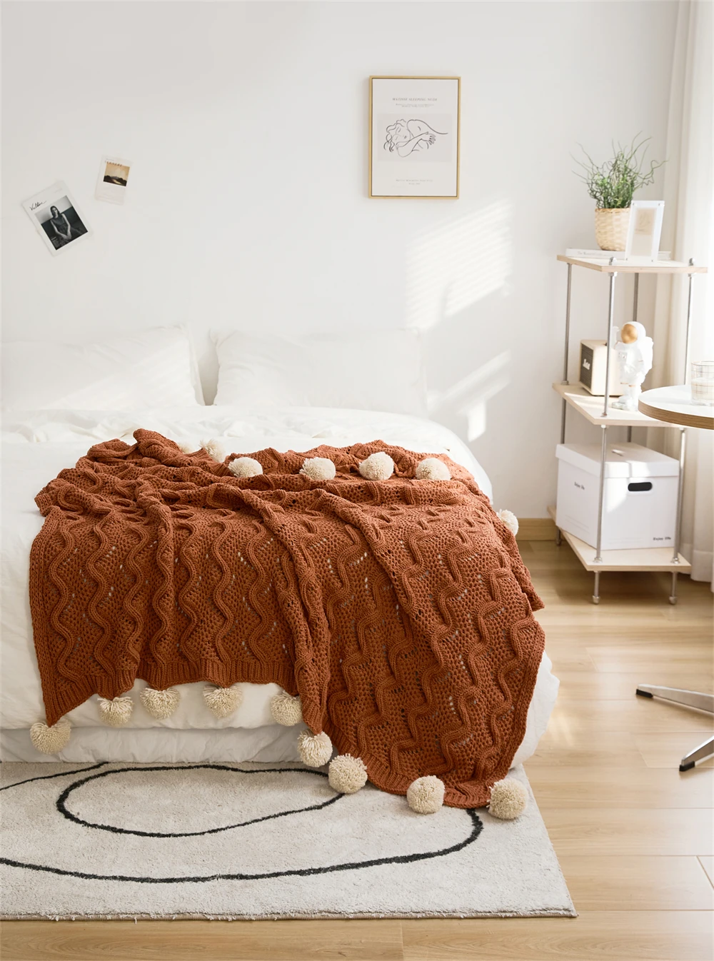 Fts Factory Soft Cable Handmade Pompom Chenille Knitted Bed Couch Throw Blanket details