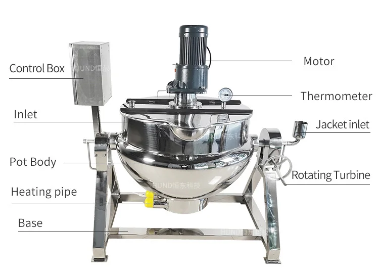 Stainless Steel 50l 600l Industrial Jacketed Kettle With Agitator Sanitary Porridge Soup Boiler