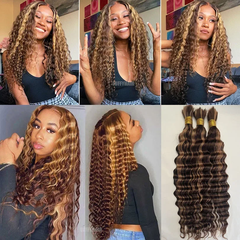 Ombre Deep Wave Äkta Hår, Bulk, 3 Buntar, Tvåfärgat Brunt, Honungsblondt, För Flätor, Brasilianskt Slinghår_voghion.com