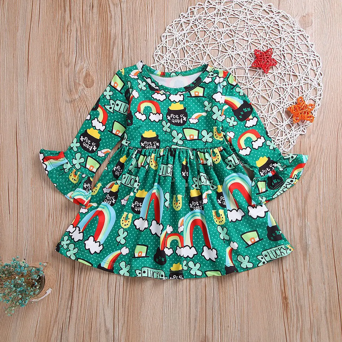 Patricks Day Dress Lucky Clover Rainbow Print Floral Dress Flare Sleeves Party Dress Toddler Kids Baby Girl St