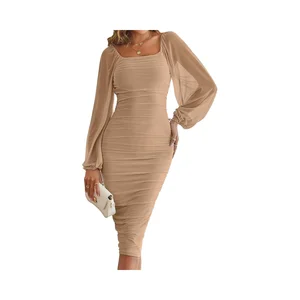 Women's Summer Solid Pattern Square Neck Chiffon Bodycon Dress Long Puff Sleeve Ruched Natural Plain Dyed Washable Cocktail