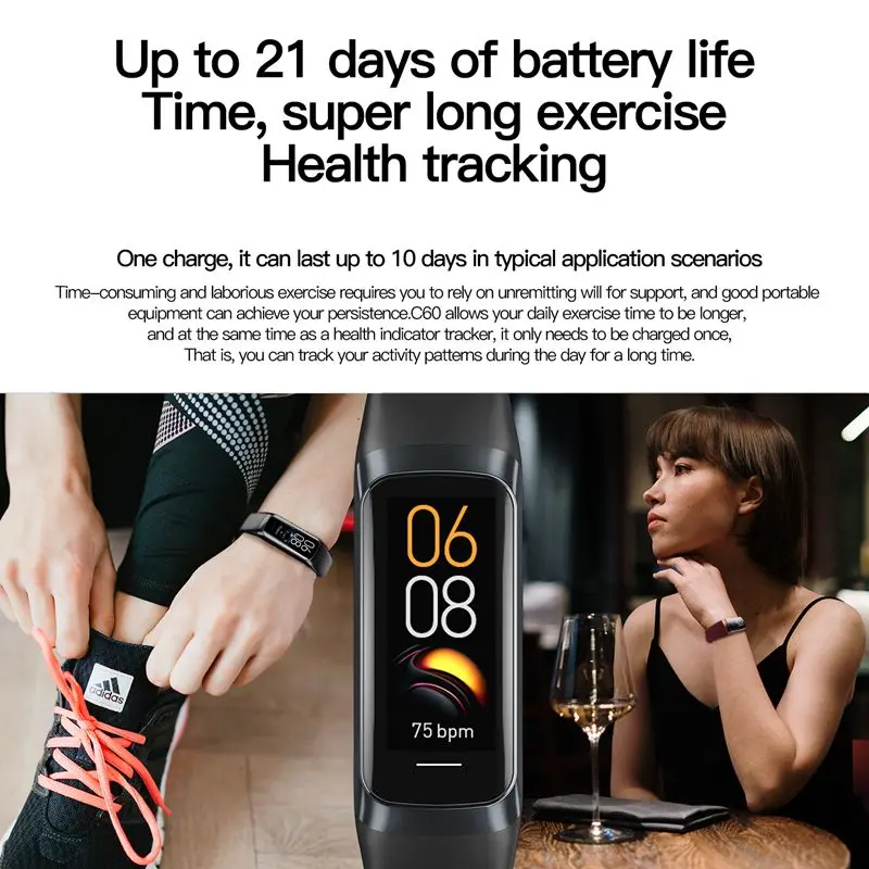 Top C60 AMOLED Color Screen Smartband Ip67 Waterproof Heart Rate Health Monitoring Sports Smart Fitness Band Android Bracelet