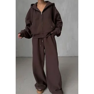 High Quality New Activewear Full Zipper Brown Hoodies and Loose  Jogging 2pcs Women Sports Outfit Tracksuit Oversize Clothing