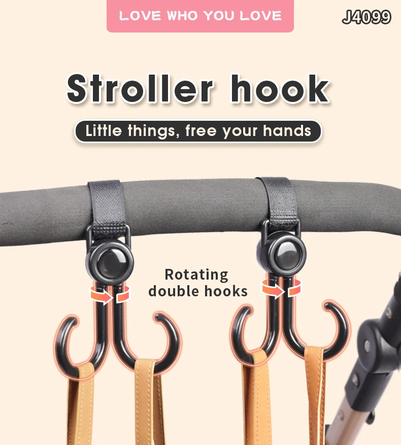 Heavy Duty 100% Guaranteed Moms Best Baby Two Pack 360 & 180 Degree Swivel Double Hook Design New Durable Stroller Hooks with Secure Black Velcro Strap 