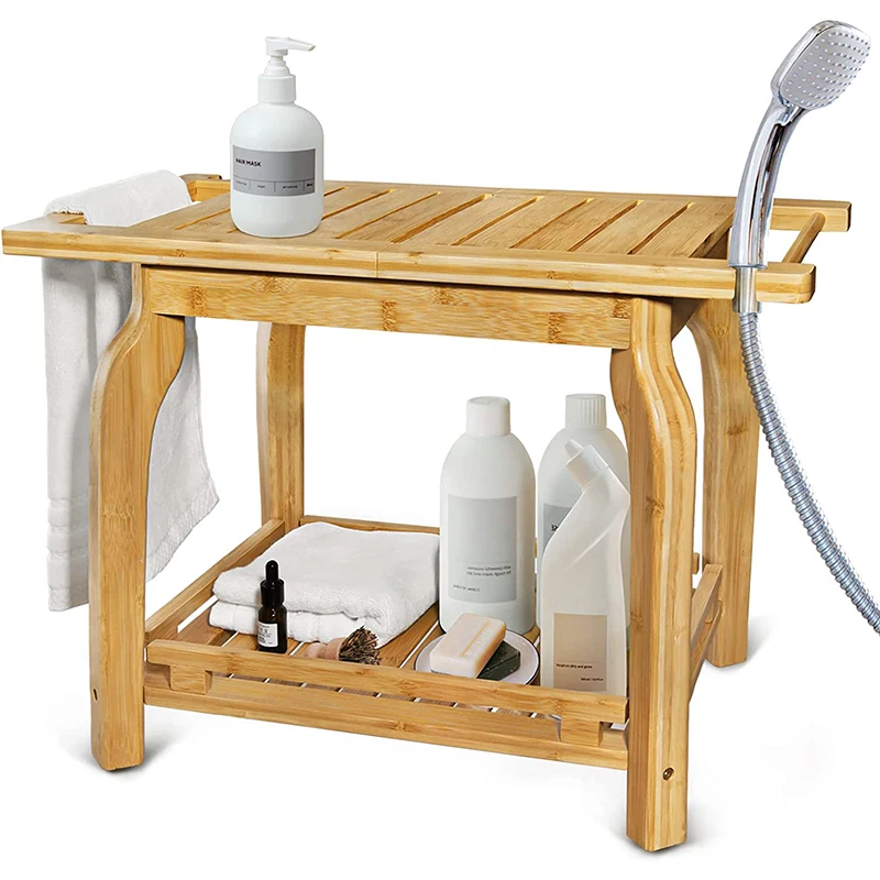 Wholesale Bamboo Shower Stool Chair Wooden Bathroom Bench with Storage Shelf Bath Seat  for the Elderly Spa Bathroom