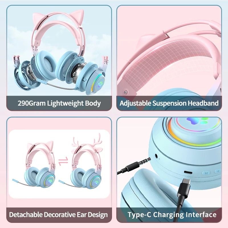 Audífonos Inalámbricos con Orejas de Gato y Luces LED, Shuoyin SY-T25,  Venta al Por Mayor de Fábrica, Auriculares Bluetooth con Sonido Estéreo