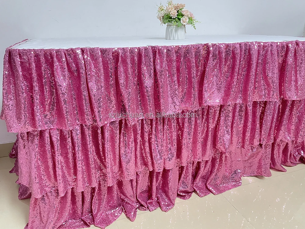 Ruffled Different Designs of Table Skirting for Birthday Purple Sequins Table Skirt for Wedding Decoration
