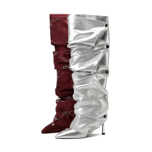 Detachable Snap-Button Metallic Slouch Boots Two-Way Wear Knee-High