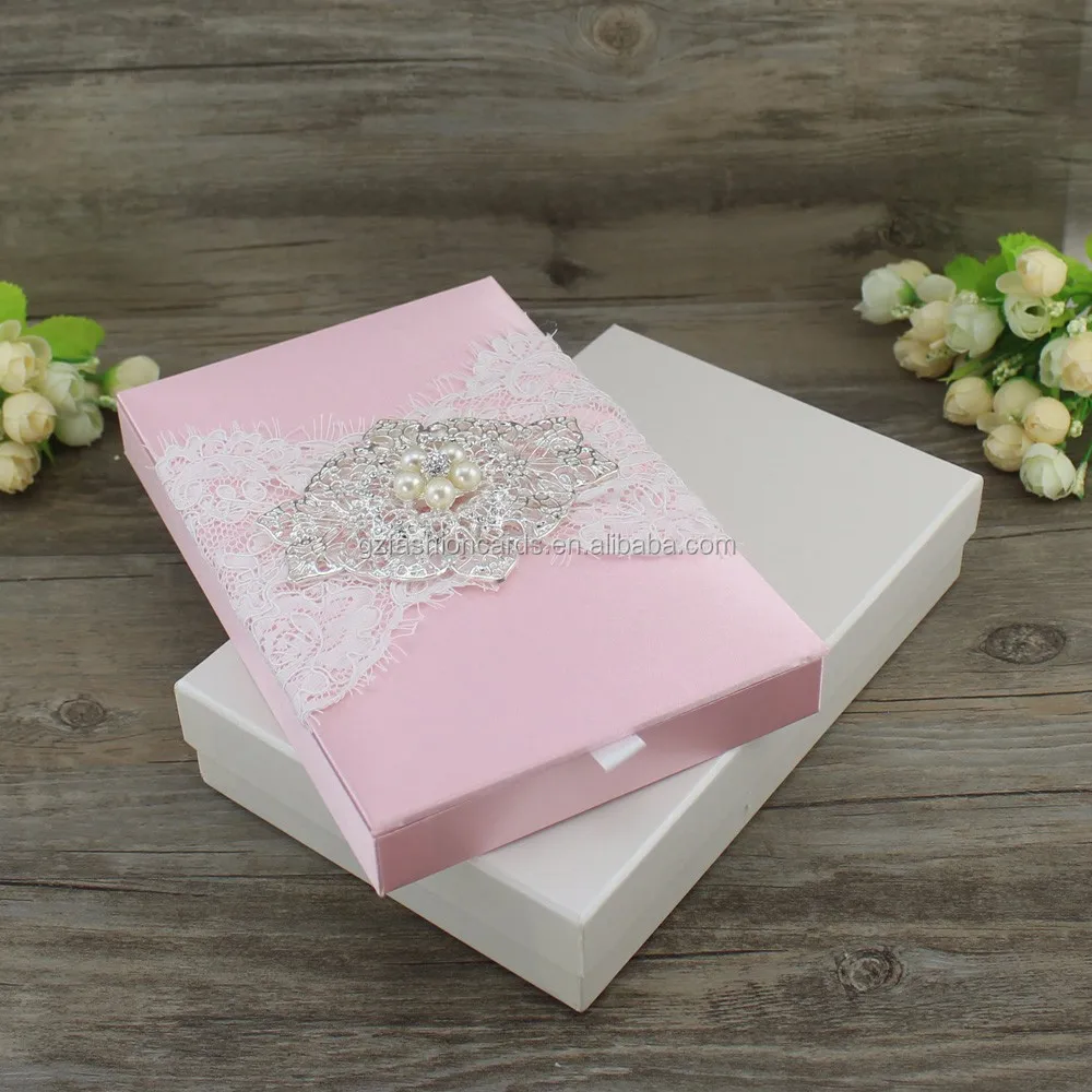 Elegant Silver Top Fold Lace Wedding Invitation with Hard Box and Customized Birthday Invitation Cards