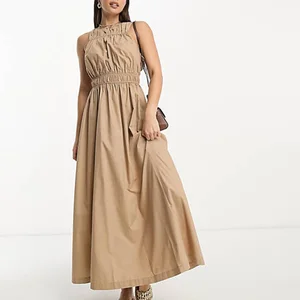 Top Selling Women's Crew Neck Sleeveless Cut-out Back Casual Solid Gathered Natural Slim Max Long Dress