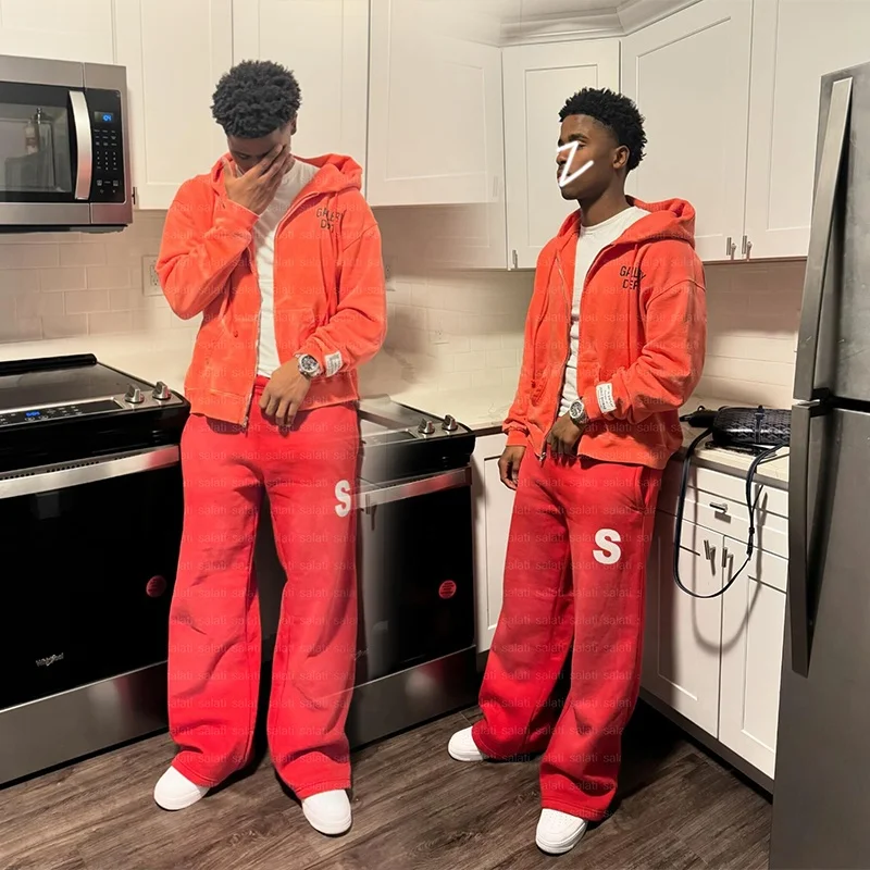 Custom Streetwear High Quality 100% Cotton Track Pants Acid Wash Color Heavy French Cotton Stacked Silk Print Men Sweatpants gallery 2