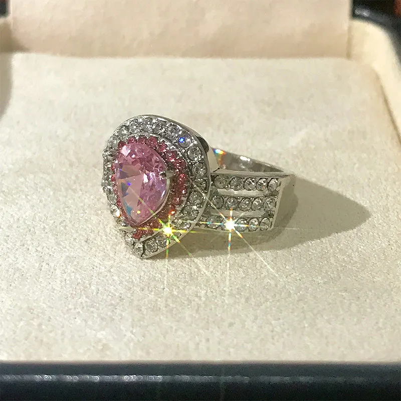 Caoshi Unique Water Drop Design Three Layers Pink Stone Ring for Girls Shiny Women Pink Diamond Ring