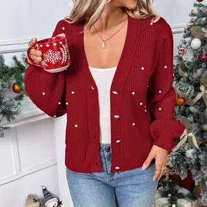 Christmas Cardigan Open Front Button Up Pearl Sweaters for Women Puff Long Sleeve Top Cropped Cardigan Jackets