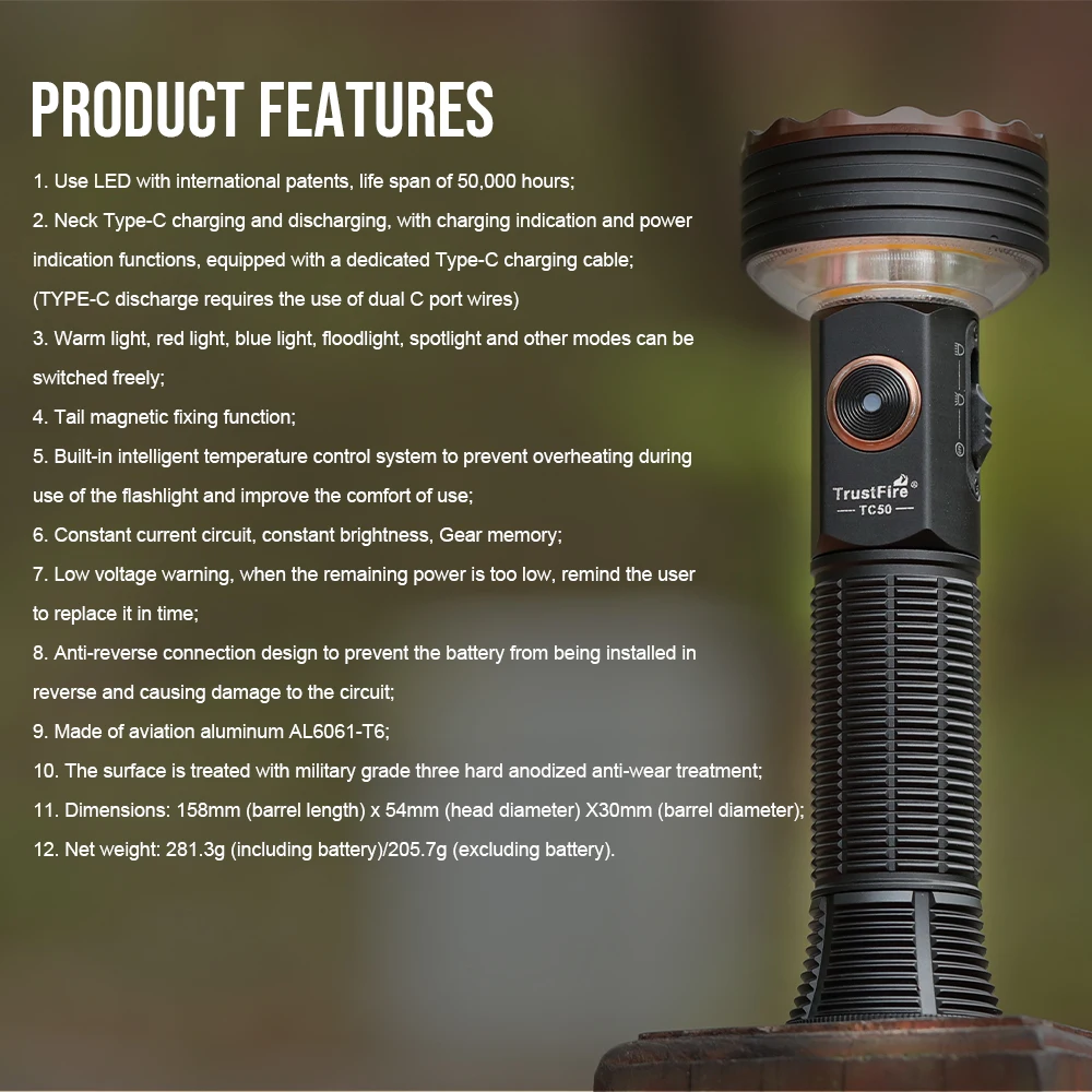 TrustFire TC50スーパーパワフルLED懐中電灯5100LM LEDレッドブルーSOS
