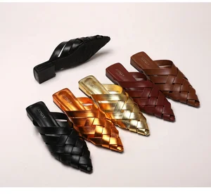 Summer's New Fashionable Thick-heeled Outerwear Half-toe Flip-flops with Hollowed-out Woven Pointed Tips for Women