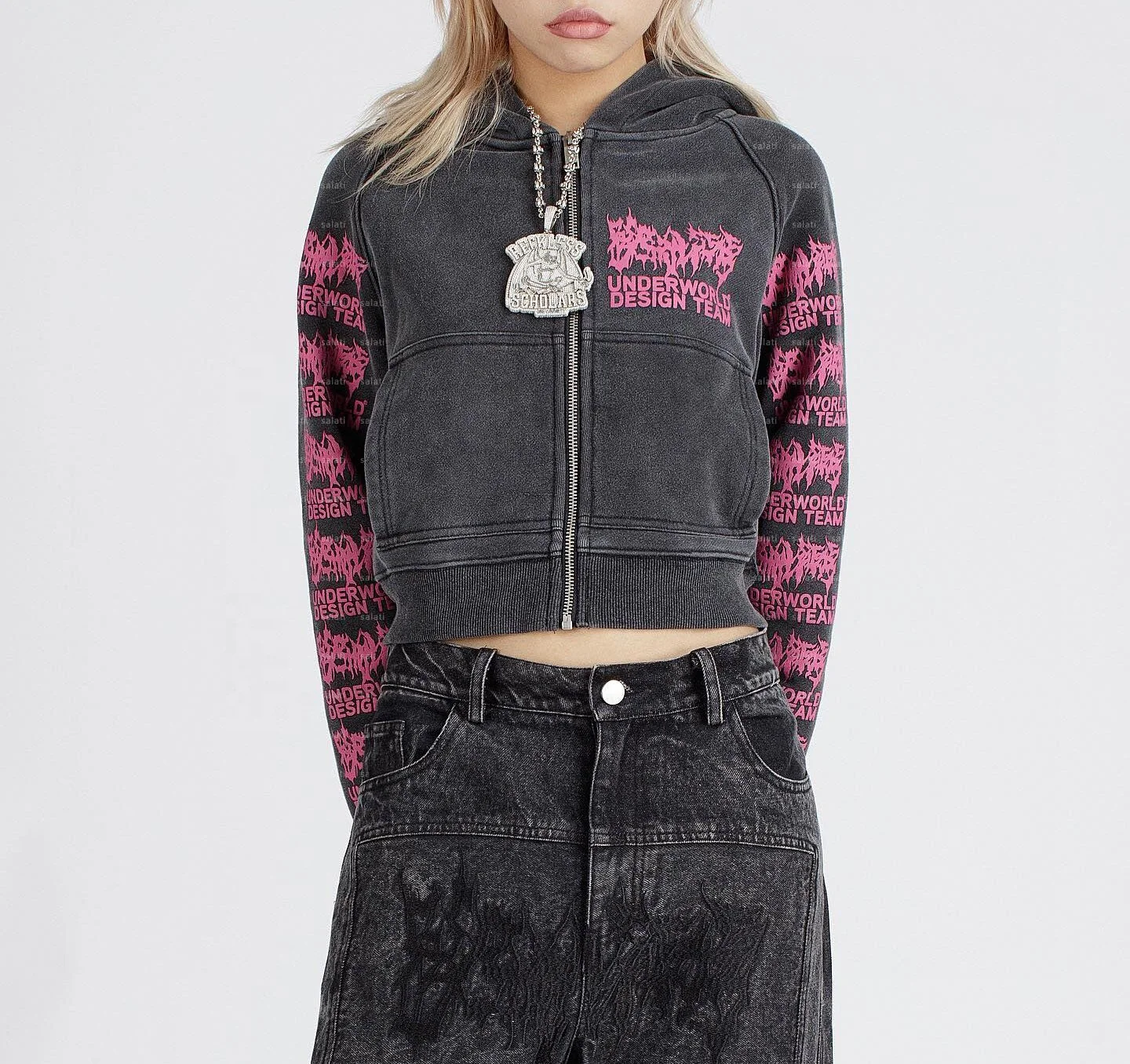 Customized Zipper Heavy Cotton Thick French Terry Print No String Zip up Acid Distressed Vintage Wash Women Cropped Hoodie Woman gallery 3