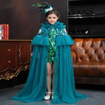 Xinruhe Dutch Children's Dress Catwalk Performance Girls Piano Green Sequins With Shawl Two Piece Set Kid Dress