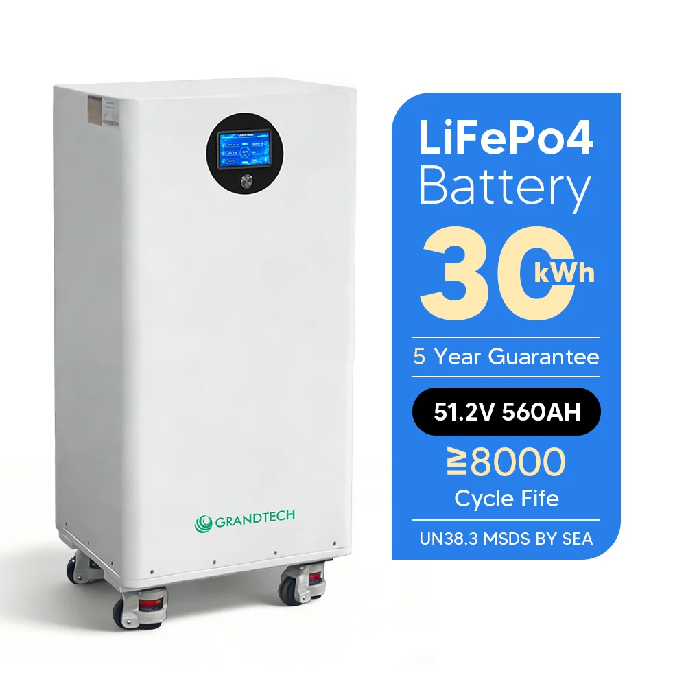 แบตเตอรี่ Grandtech รุ่นใหม่ 51.2V 560Ah 30 กิโลวัตต์-ชั่วโมง สำหรับระบบพลังงานแสงอาทิตย์แบบติดผนัง แบตเตอรี่ลิเธียม LiFePO4 สำหรับระบบจัดเก็บพลังงานในบ้าน กำลังไฟ 16 กิโลวัตต์