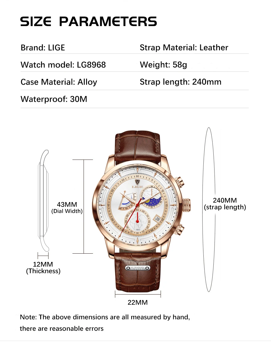 LIGE Orologio da uomo in acciaio inossidabile al quarzo
