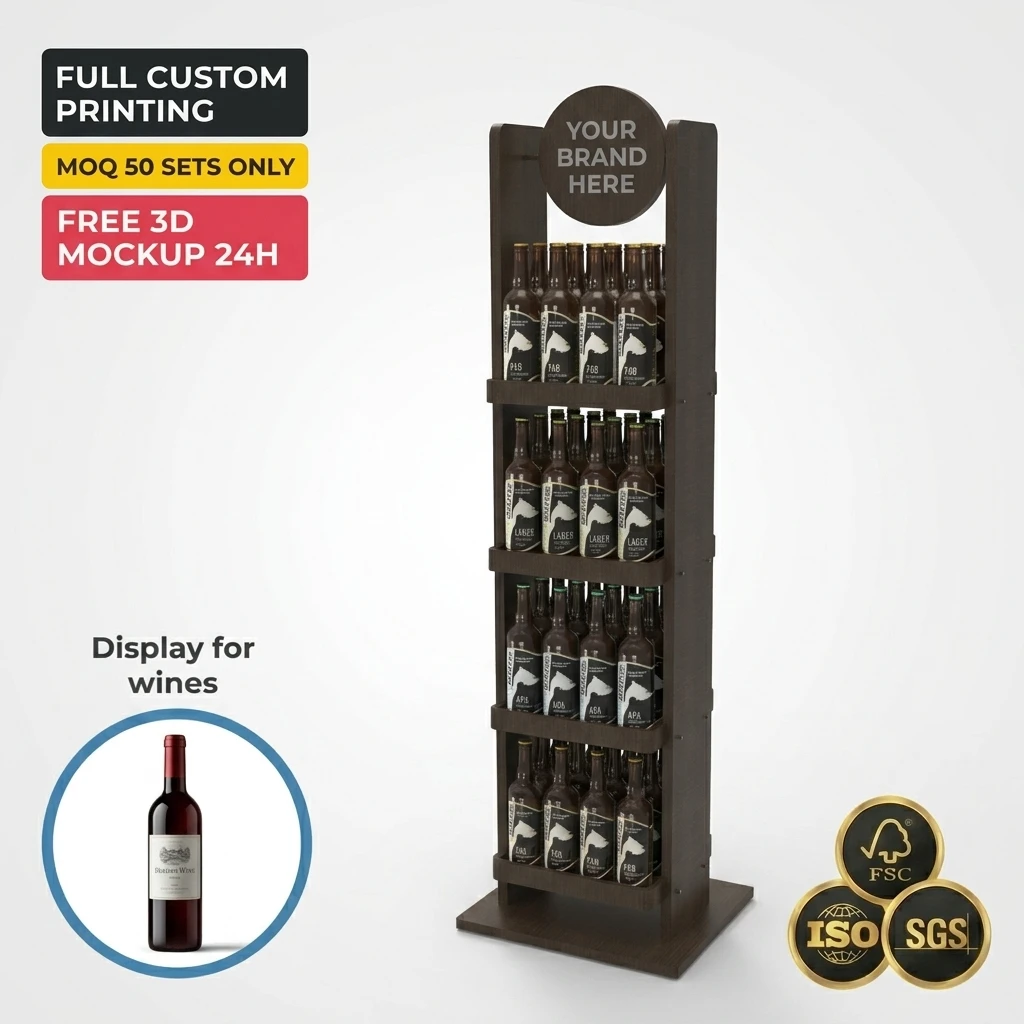 Espositore in legno personalizzato per bottiglie di vino, ideale per negozi al dettaglio e supermercati; vetrina per vino con spazio per logo del marchio, destinata a liquori