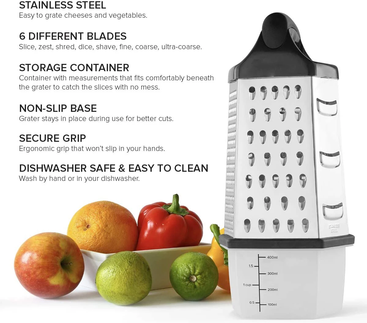 Cheese Grater With Container 2 Sided Lemon Zester Stainless Steel