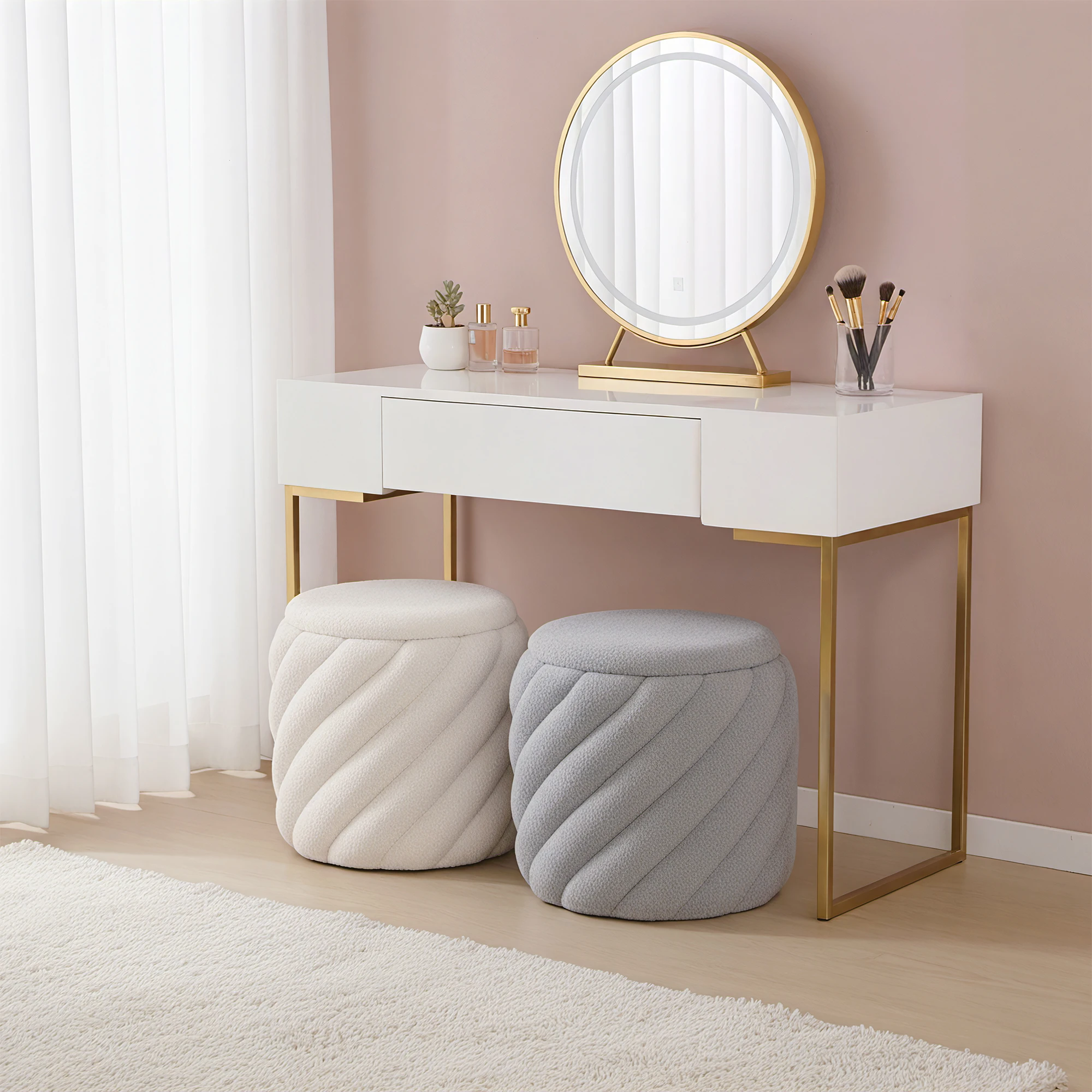 Modern Furniture Boucle Fabric Round Soft Tufted Footstool Storage Ottoman with Removable Lid