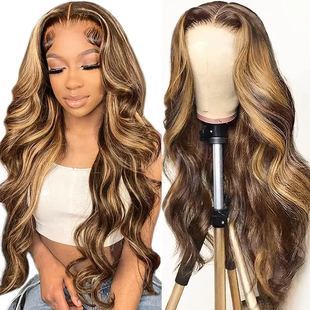 Perruque Lace Front Wig Body Wave en cheveux humains avec reflets ombrés, sans colle, blond miel_voghion.com