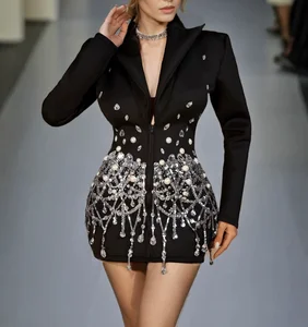 Women Clothing Manufacturers Custom Deep V Neck Women Jacket Coat Bling Rhinestone Pearl Blazer Concert Performance Costume