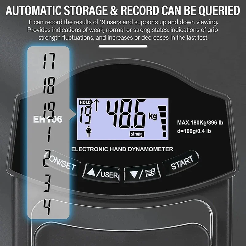 thumbnail image 2 of Digital Grip Strength Tester – 396 Lbs/180 Kg Capacity, Adjustable Handle With LCD Display For Sports & Home Use 2 of 6