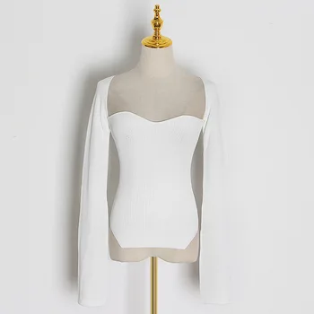 2025 New Spring and Summer Fashion Women Clothes Square Collar Full Sleeves Elastic High Waist Sexy Pullover