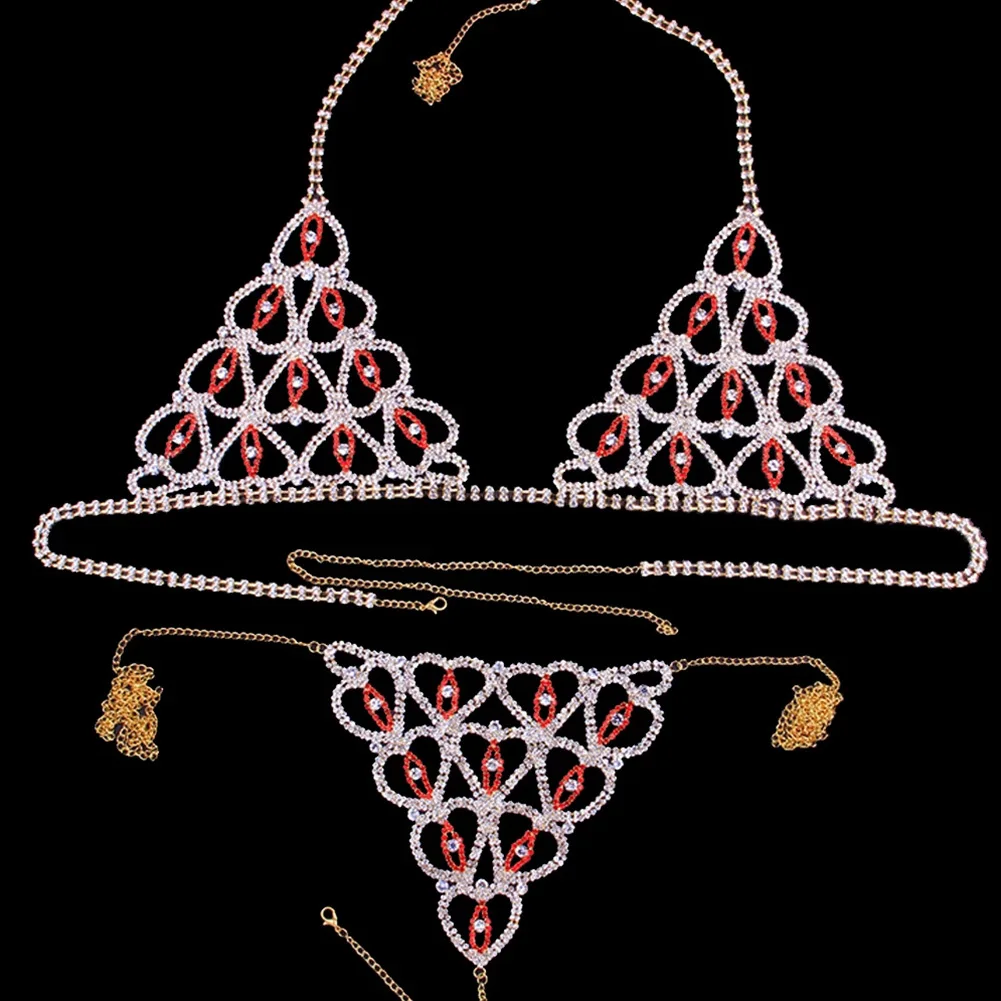 New Luxury Crystal Body Rhinestone Panties Jewelry Bra Chain Harness Red Heart Lingerie