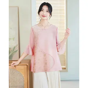 2026 Spring Summer Collection Elegant Slimming Mother Top New Chinese National Trumpet Sleeve Casual Loose T-Shirt Knitted