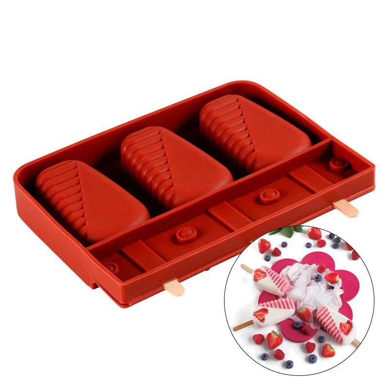 Hot Selling 3-Hole BPA Free Silicone Popsicle Molds Eco-Friendly Food Grade Ice Cream Mold Making Tools for Kids Boxed Packaging details