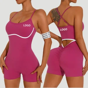 OEM Service High Quality Yoga Workout Gym Romper Fashion Sleeveless Deep V Neck Jumpsuit Srunch Butt Lifting Shorts Jumpsuit